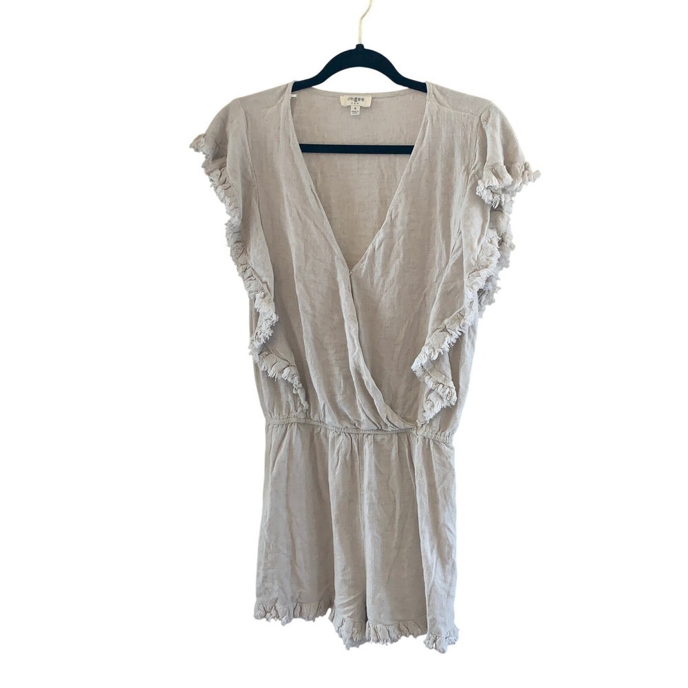 Umgee Linen Blend‎ Romper Beige Fringe Ruffle Sleeve Boho Boutique Size M